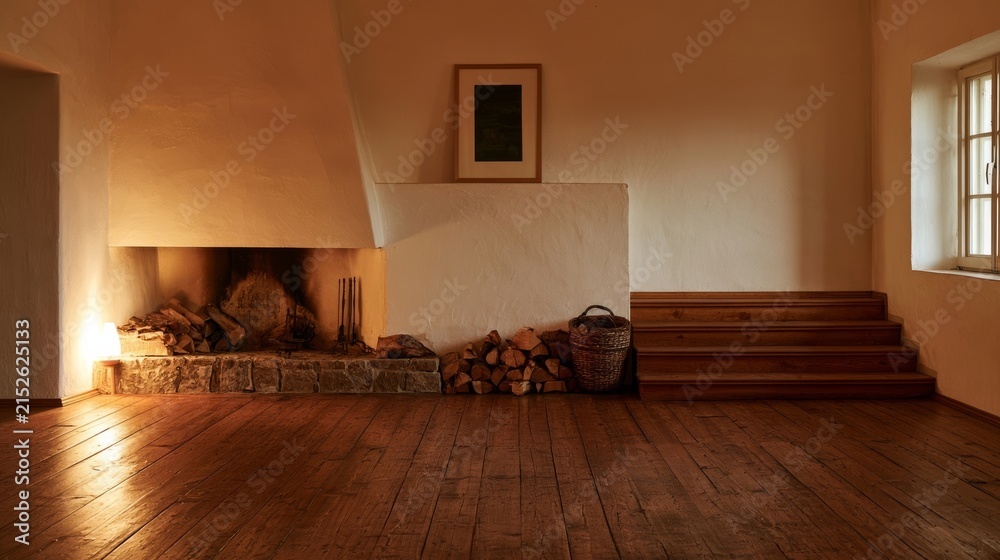 Obraz premium A neat stack of firewood beside a woven storage floor basket