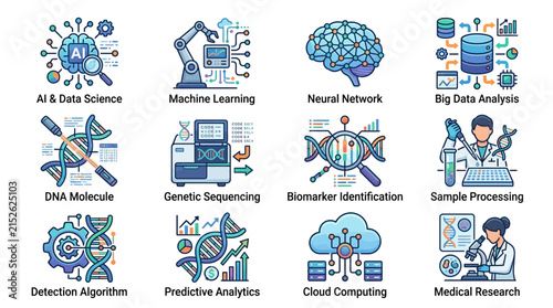 AI, Machine Learning, DNA, Big Data, Cloud Computing, Medical Research Icons Set