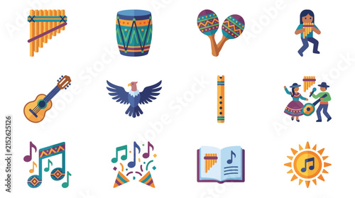 Andean Music & Culture Icons: Pan Flute, Guitar, Dancers, Eagle, Sun