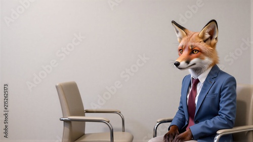 Fox in suit holds clipboard, sits waiting in sterile office chair.