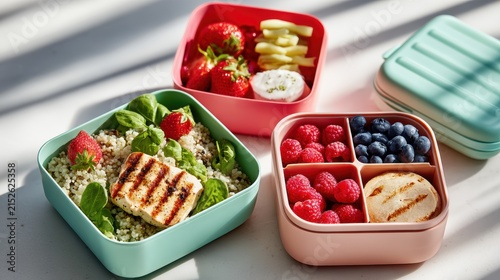 Colorful bento boxes with healthy meal prep and fresh berries