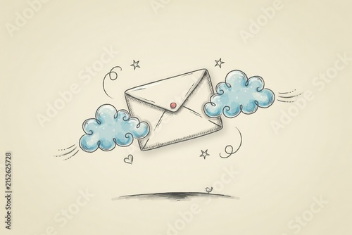 whimsical hand-drawn flying envelope illustration, cute cartoon mail delivery concept, sky clouds and stars doodle art, retro travel or letter element design
