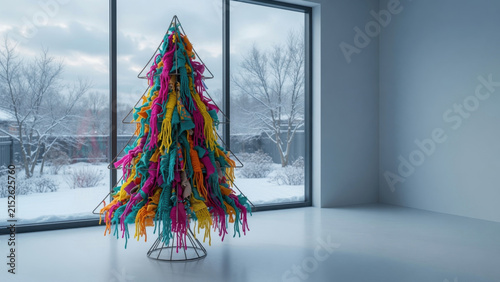 Colorful christmas tree winter living room modern holiday decor abstract art bright yarn snowy landscape large window minimalist interior cozy mood festive season Upcycled holiday tree concept