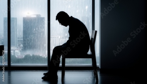 Silhouette of a lonely person sitting alone on a wooden chair beside a large window.
