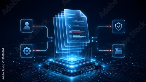 Holographic stack of digital documents on microchip with security and management icons. Secure data processing and workflow automation concept.