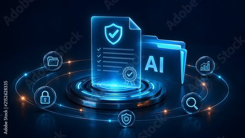 Artificial intelligence AI folder next to secure digital document with approval seal and shield. Smart compliance, cyber security and machine learning.