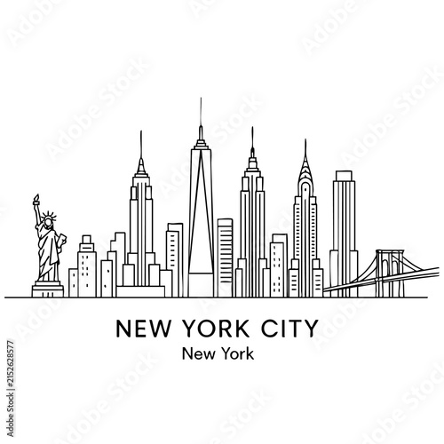 Canvas Print New York City skyline line art illustration with iconic landmarks and skyscraper