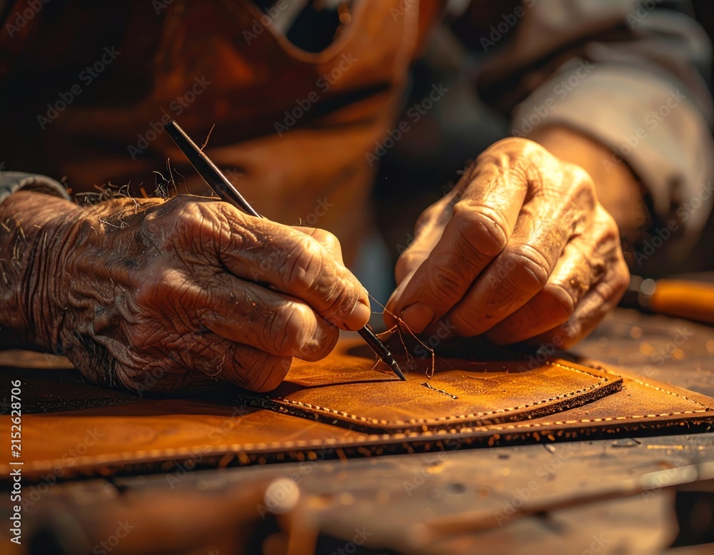 Fototapeta Gros plan artistique de mains cousant avec précision un article en cuir sur une table d'atelier en bois, mettant en valeur le talent artisanal et le travail manuel traditionnel