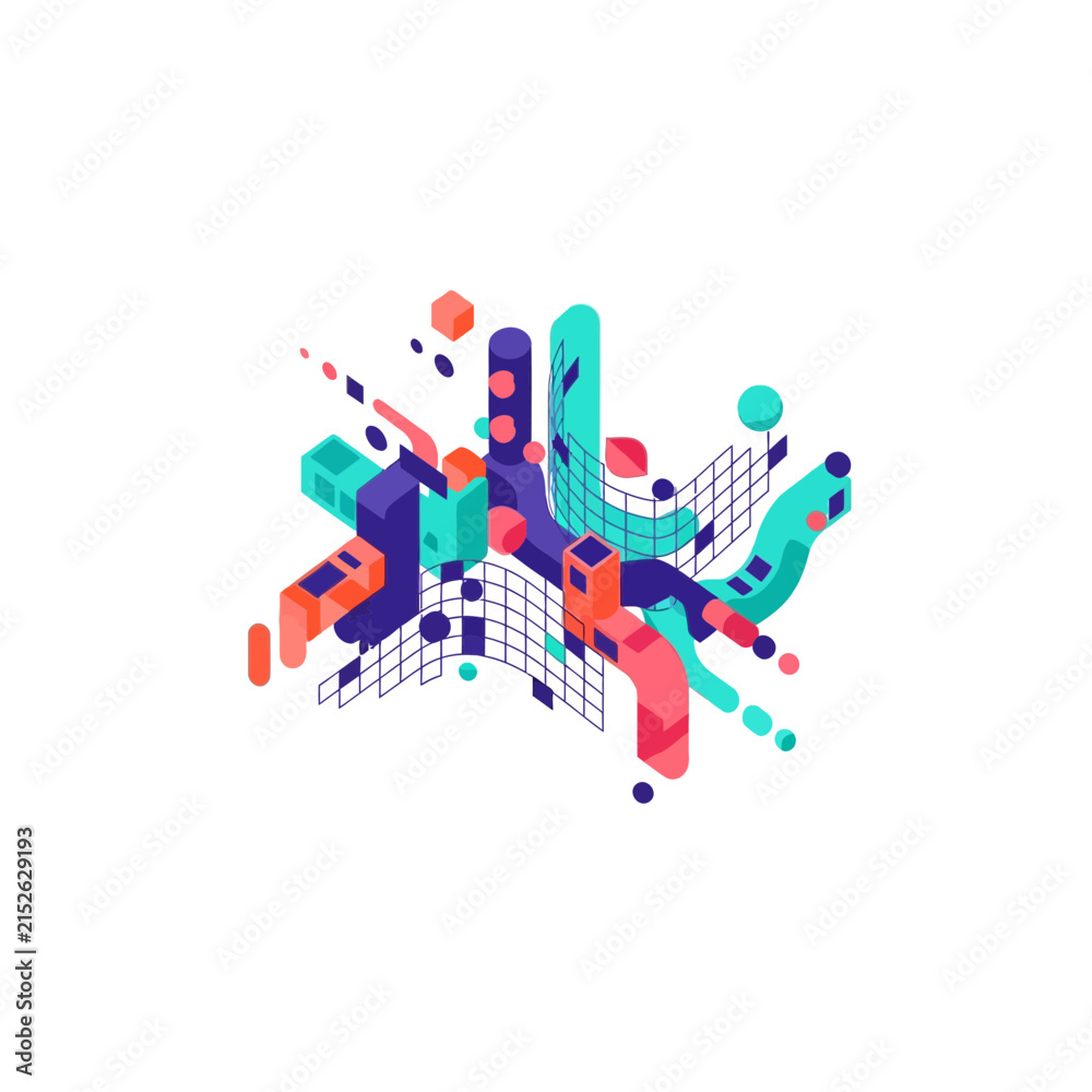 Fototapeta premium Abstract Isometric Geometric Composition with Colorful 3D Elements and Data Grids