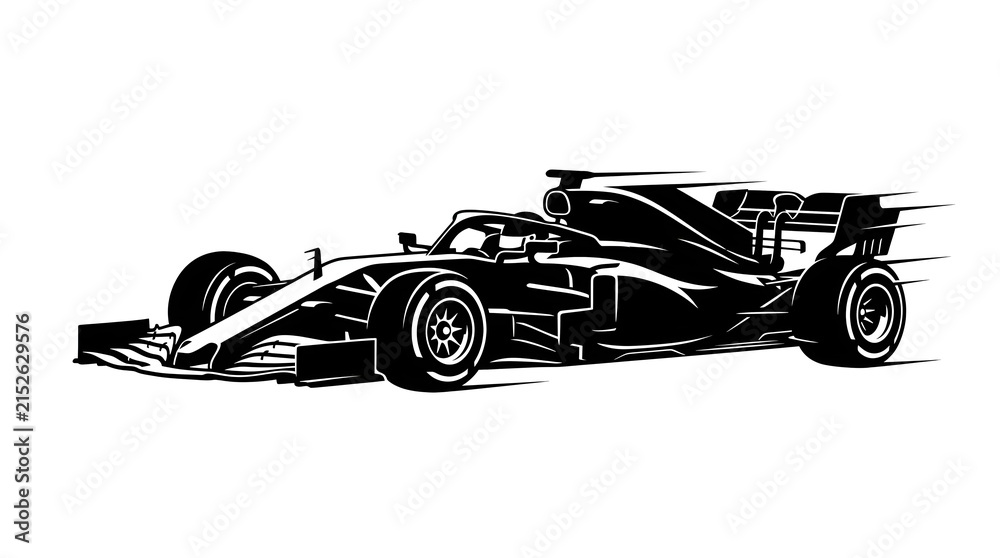 Naklejka premium Black and white illustration of a modern Formula 1 race car at high speed