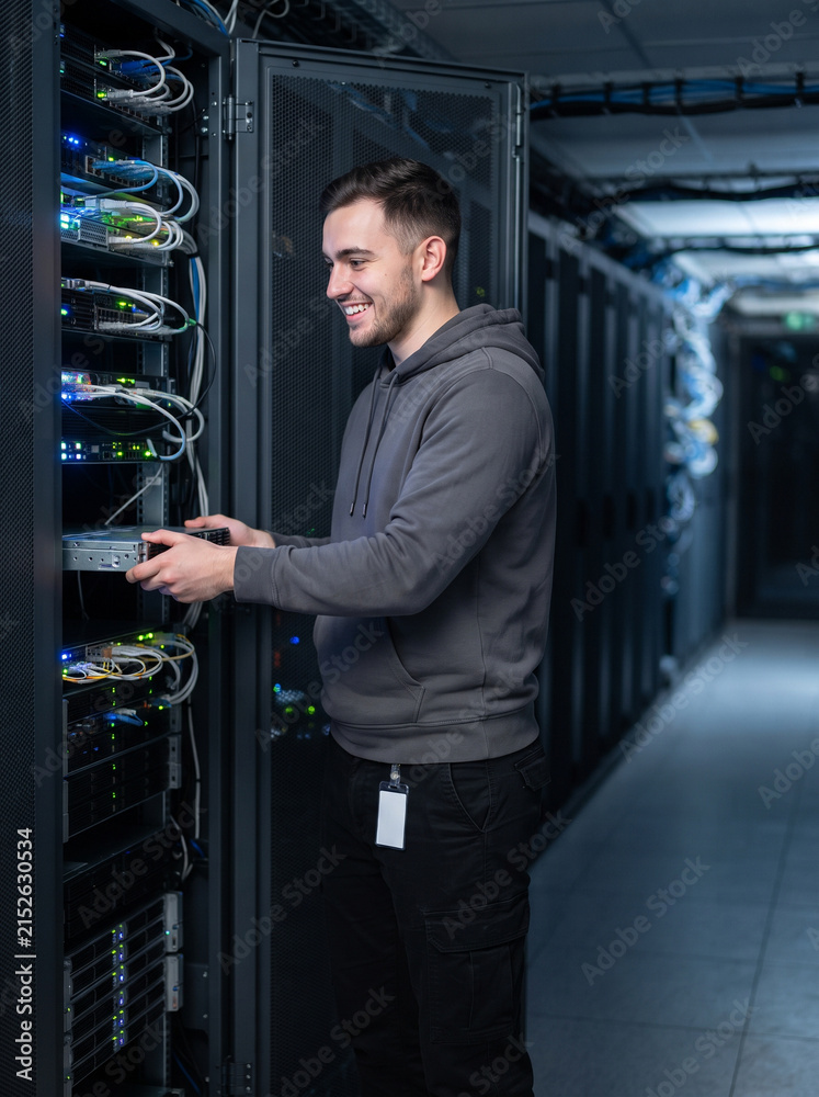 Fototapeta premium Server rack technician in data center expansion with smiling man working on network equipment in dark corridor