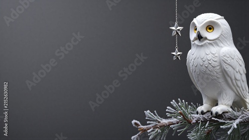 White owl perches on frosty branch, holding silver star charm in beak.