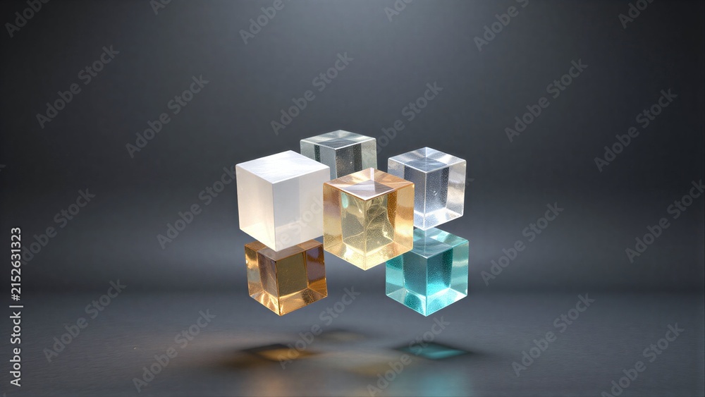 Obraz premium Colorful translucent cubes float in mid-air, glowing softly against a dark backdrop.