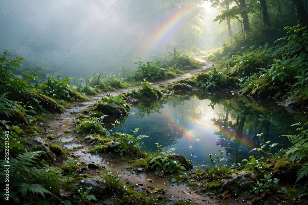 Obraz premium Magical Rainbow Through Misty Woodland Pond