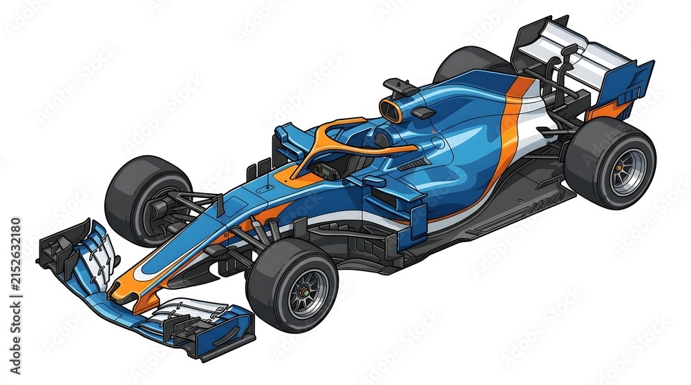 Naklejka premium Isometric illustration of a modern blue and orange open-wheel formula race car