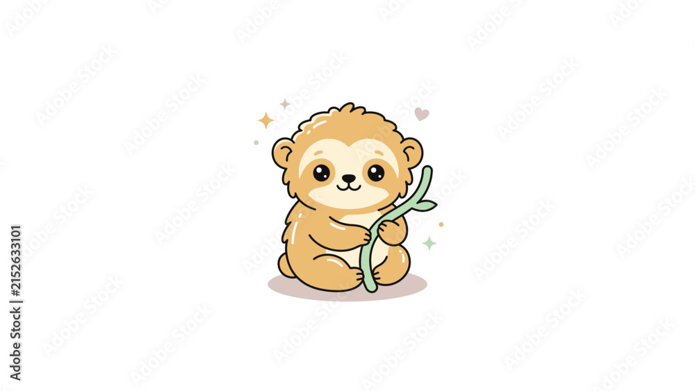 Fototapeta premium Happy sloth holding a green branch.
