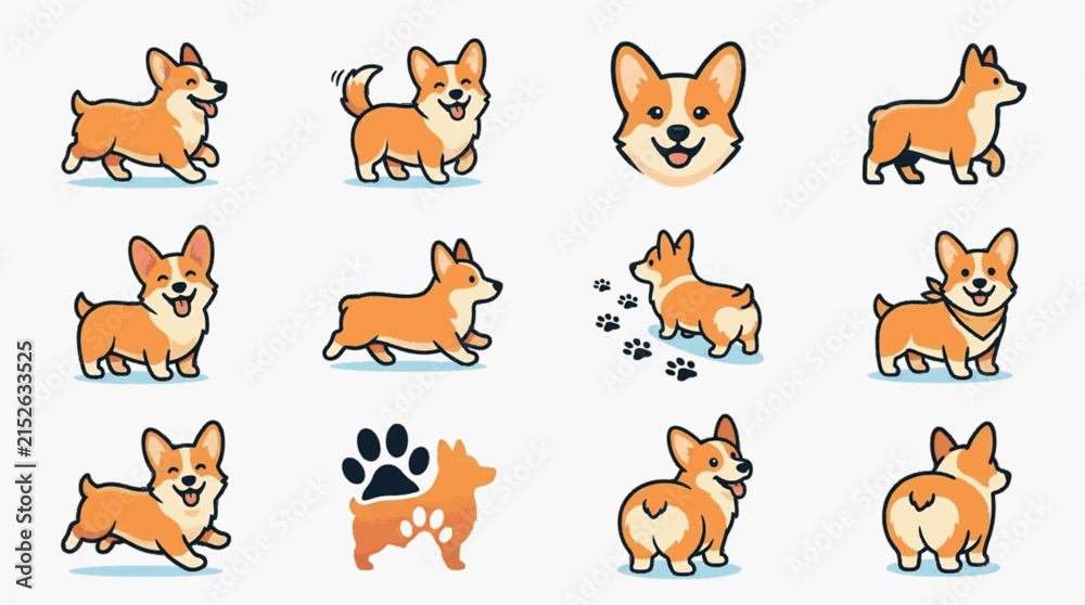 Fototapeta premium Set of 12 Pembroke Welsh Corgi vector illustrations featuring various poses: walking, running, sitting, wearing a bandana, butt view, headshot, and paw prints on a plain white background.