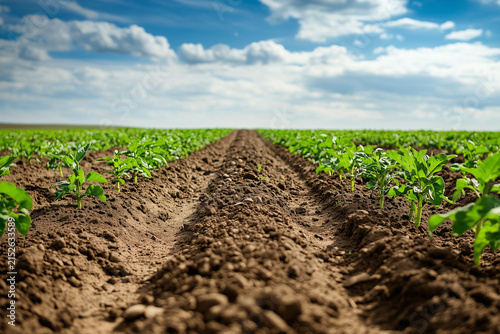 Rows of small green plants grow in fertile soil under bright blue sky with fluffy white clouds, symbolizing growth and agriculture.