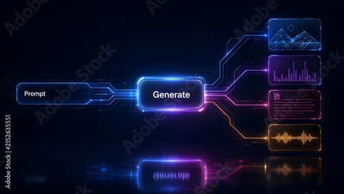 Futuristic neon digital dashboard showing artificial intelligence prompt generating multi-modal media outputs like image text audio and data