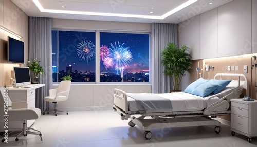 Modern Hospital Room with Fireworks Display Outside Window.