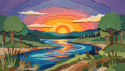 A layered paper craft landscape of a vibrant sunset over a winding river, mountains, and a couple relaxing with their dog on the lush bank.