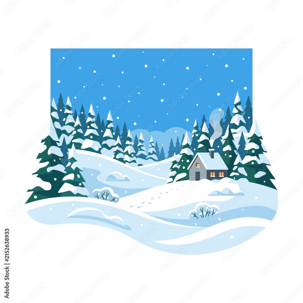 Naklejka premium Winter Forest Landscape with Cozy Cabin Illustration