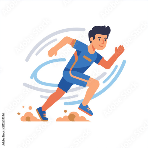 A young male athlete is running fast in a flat vector illustration style