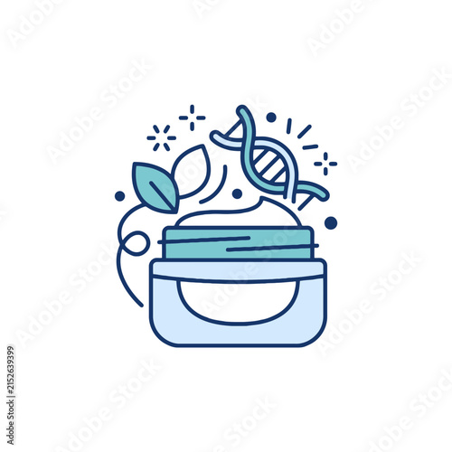 Vector icon of a cosmetic cream jar with DNA helix and green leaves