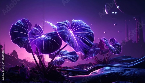 Glowing bioluminescent purple plants in dark fantasy landscape.