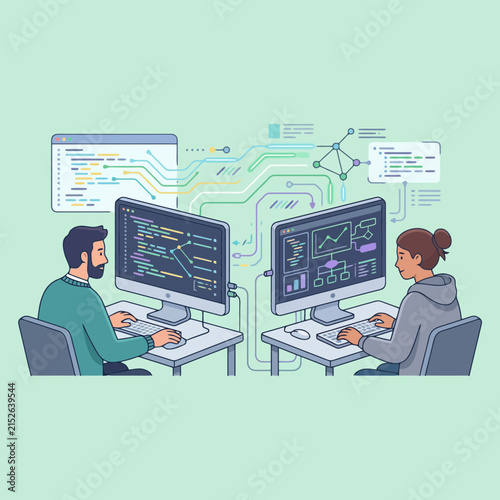Two software developers working together on computer programming tasks