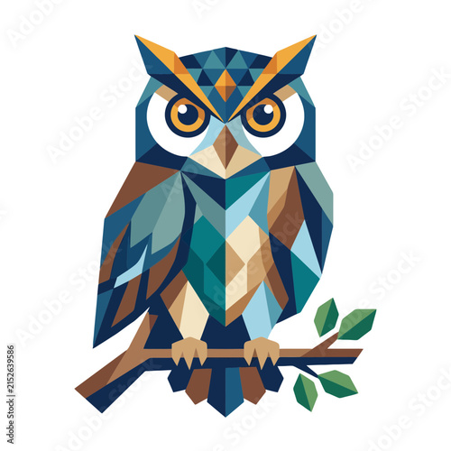 A geometric illustration of a stylized owl perched on a branch