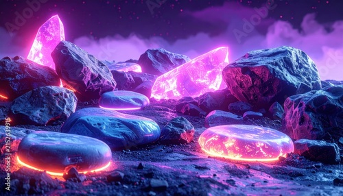 Glowing purple and pink neon crystals on dark rocks