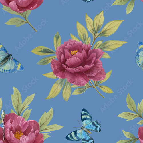 Soft pink flowers and blue butterflies
