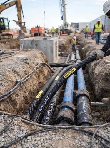 Power line trench data center expansion construction site with cable pipe utility worker and excavator activity