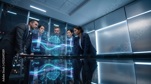 Diverse business team collaborates on futuristic holographic data display