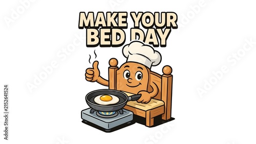 Cartoon bed character wearing a chef hat cooking a fried egg in a frying pan on a portable stove with text overlay