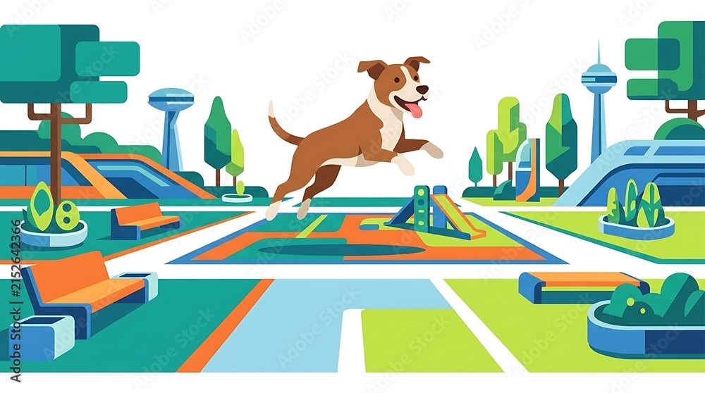 Fototapeta premium Active dog jumping in a modern geometric park