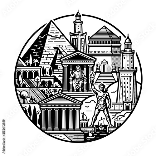 Ancient Wonders of the World Illustration.