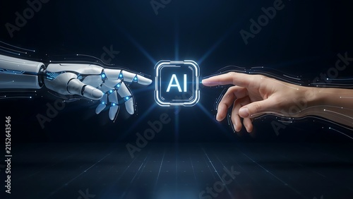 Robotic hand and human hand reaching towards each other to touch a glowing artificial intelligence in dark space