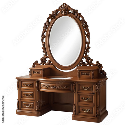 Antique wooden dressing vanity with ornate mirror