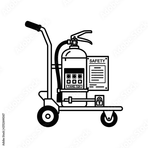 Fire Extinguisher on Hand Truck with Safety Sign.