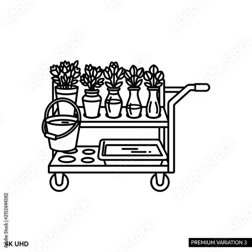 Gardening cart with potted plants and tools.