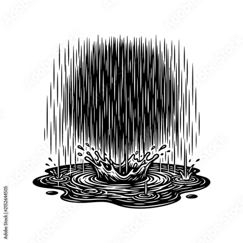 Heavy rain falling creating splash in puddle.
