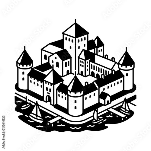Historic Castle Fortress on a Waterfront with Boats.