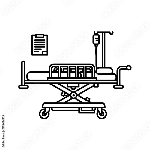 Hospital bed with IV drip and medical chart illustration.