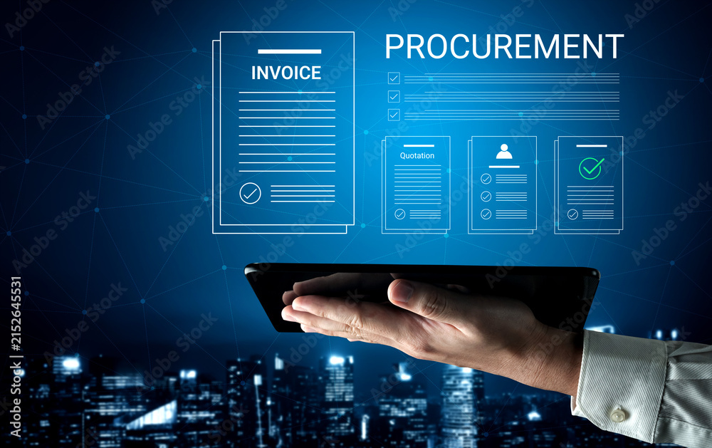 Obraz premium A hand holds a tablet displaying digital documents related to procurement and invoice processes, set against a vibrant night skyline, illustrating modern business technology. Cyphers