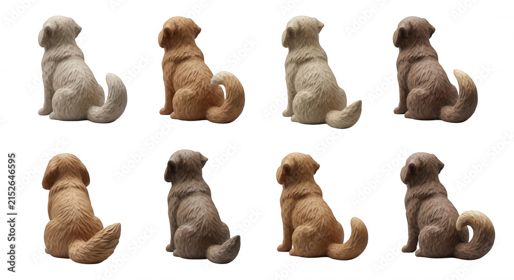 Fototapeta premium eight dog figurines rear view seated poses varying colors white backdrop pet related design product mockups and illustrative content