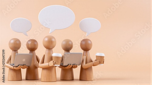 Five wooden figures with laptops and speech bubbles, symbolizing teamwork or communication.