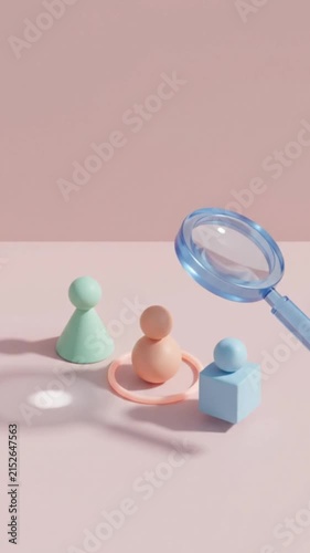 3D motion graphics footage of a magnifying glass selecting a candidate among geometric figures.