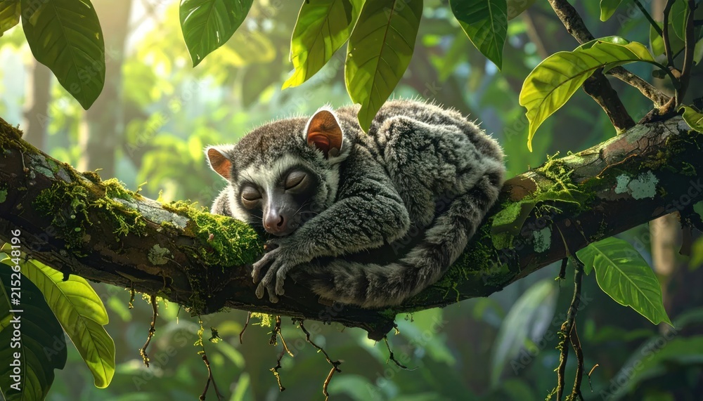 Obraz premium Lemur sleeping peacefully on a thick tropical tree branch.